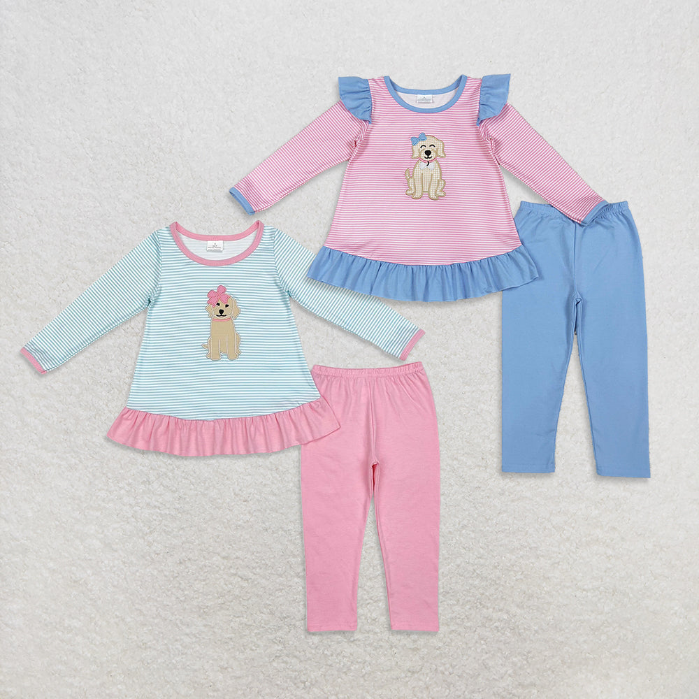 Sibling Baby Girls Embroidery Bows Dogs Stripe Tunic Leggings Pants Valentine Clothes Sets