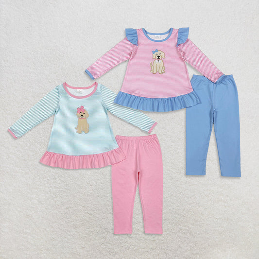 Sibling Baby Girls Embroidery Bows Dogs Stripe Tunic Leggings Pants Valentine Clothes Sets