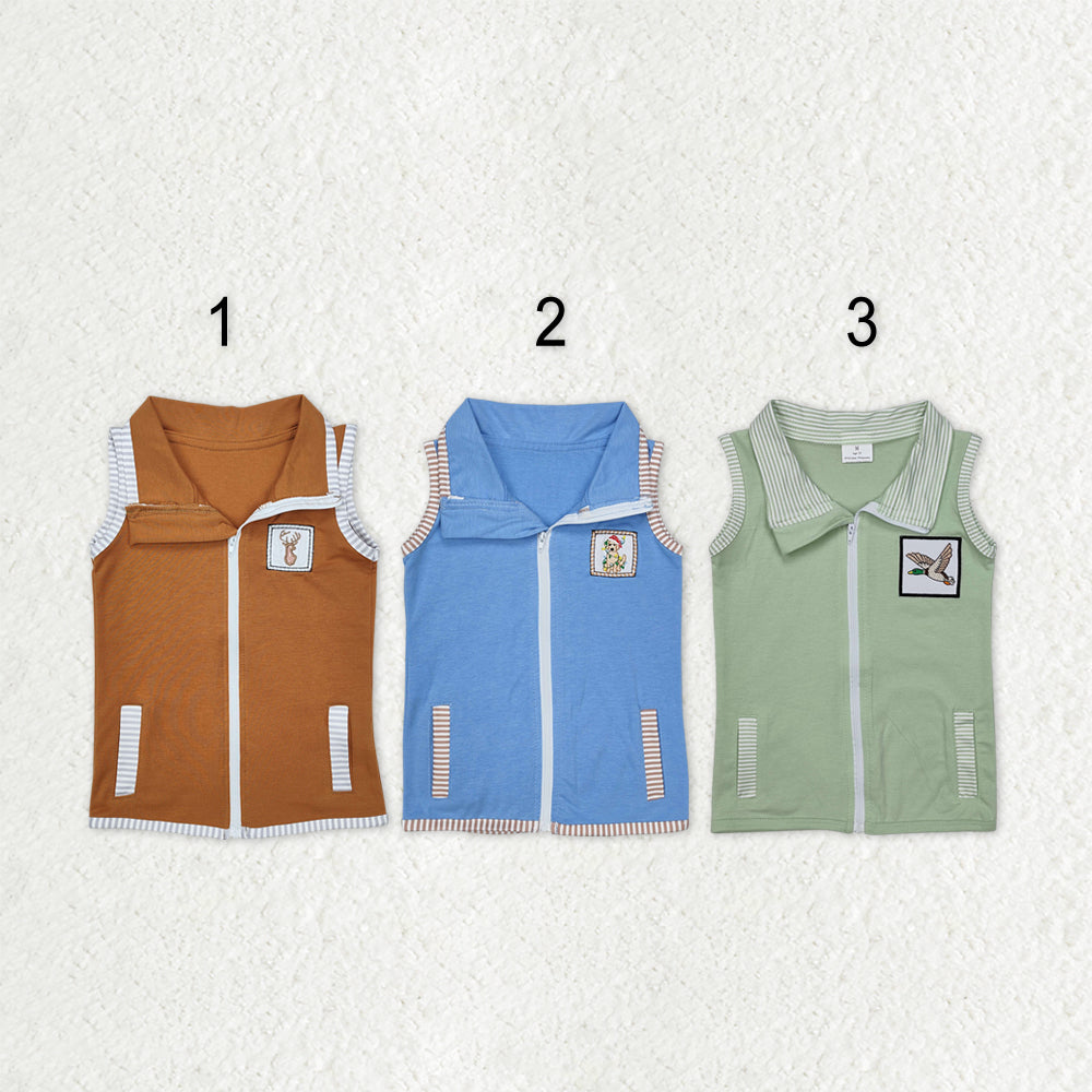 Sibling Baby Boys Sleeveless Embroidery Deer Dog Duck Pocket Zipper Jackets Top