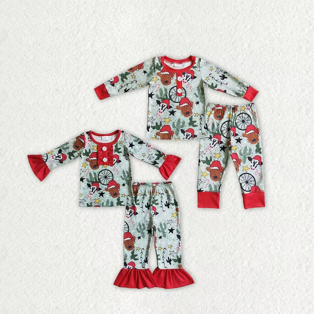 Sibling Baby Boys Girls Christmas Hats Cows Cactus Button Top Pant Pajamas Sets