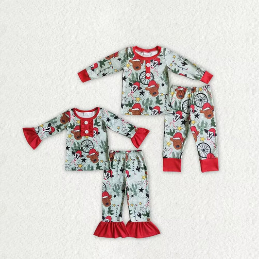 Sibling Baby Boys Girls Christmas Hats Cows Cactus Button Top Pant Pajamas Sets