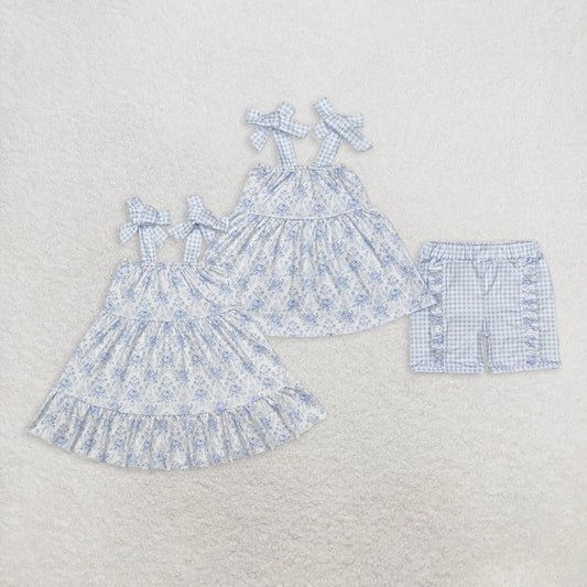 Sibling Baby Girls Blue Flowers Straps Tunic Ruffle Short Set Knee Length Dresses