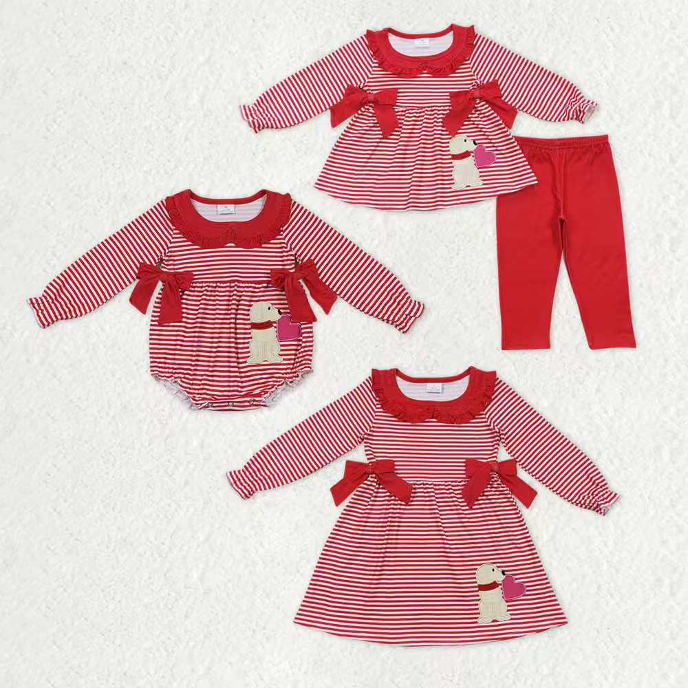 Sibling Baby Girls Red Stripes Bows Embroidery Dog Hearts Valentine Clothes Sets Dress Romper