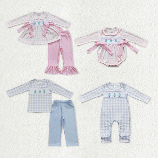 Sibling Baby Kids Embroidery Trees Checked Top Pants Christmas Clothes Sets Rompers