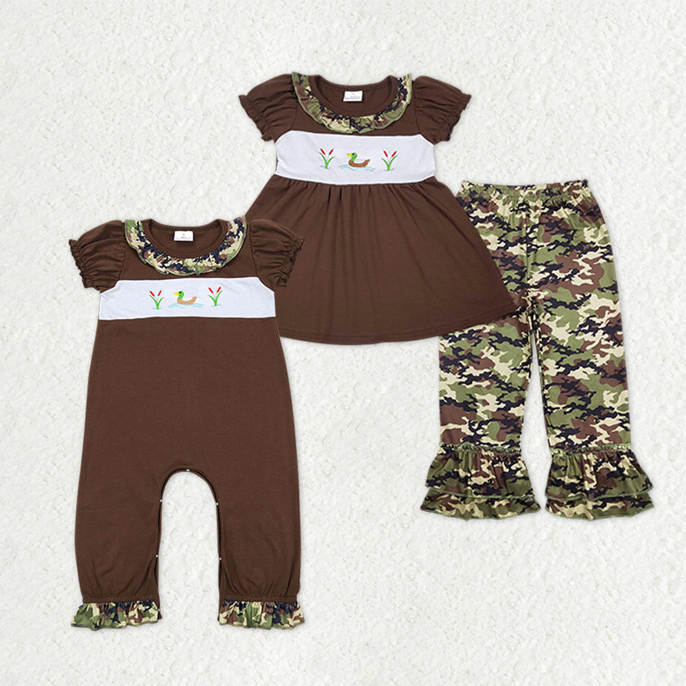 Sibling Baby Girls Embroidery Ducks Tunic Ruffle Pants Hunting Clothes Sets Pant Rompers