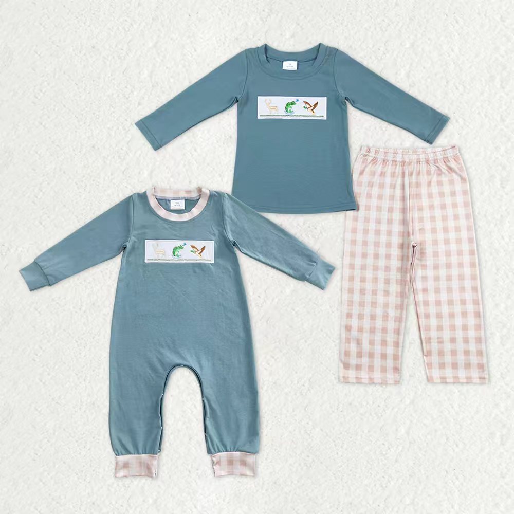 Sibling Baby Boys Embroidery Deer Fish Ducks Top Checked Pants Hunting Clothes Sets Pant Rompers