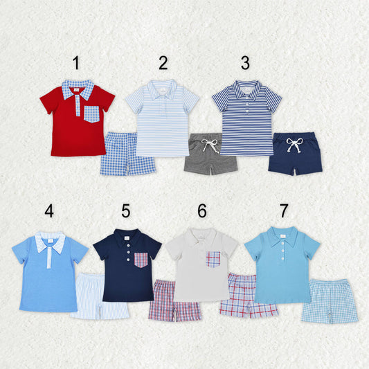 Sibling Baby Boys Stripe Plaid Pocket Button Polo Shirts Pockets Short Clothes Set