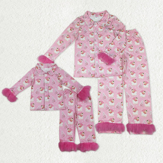 Mama and Me Pink Trees Santa Button Top Pants Christmas Fur Sleeve Pajamas Sets
