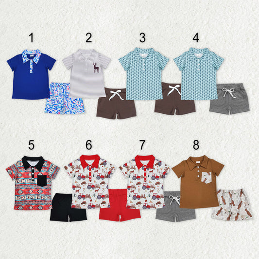 Sibling Baby Boys Deer Aztec Print Button Polo Shirts Pockets Short Western Set