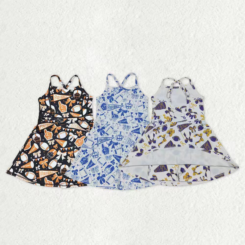 Sibling 3 Colors Baby Girls Bows Footballs Go Team Shorts Yoga Active Knee Length Dresses