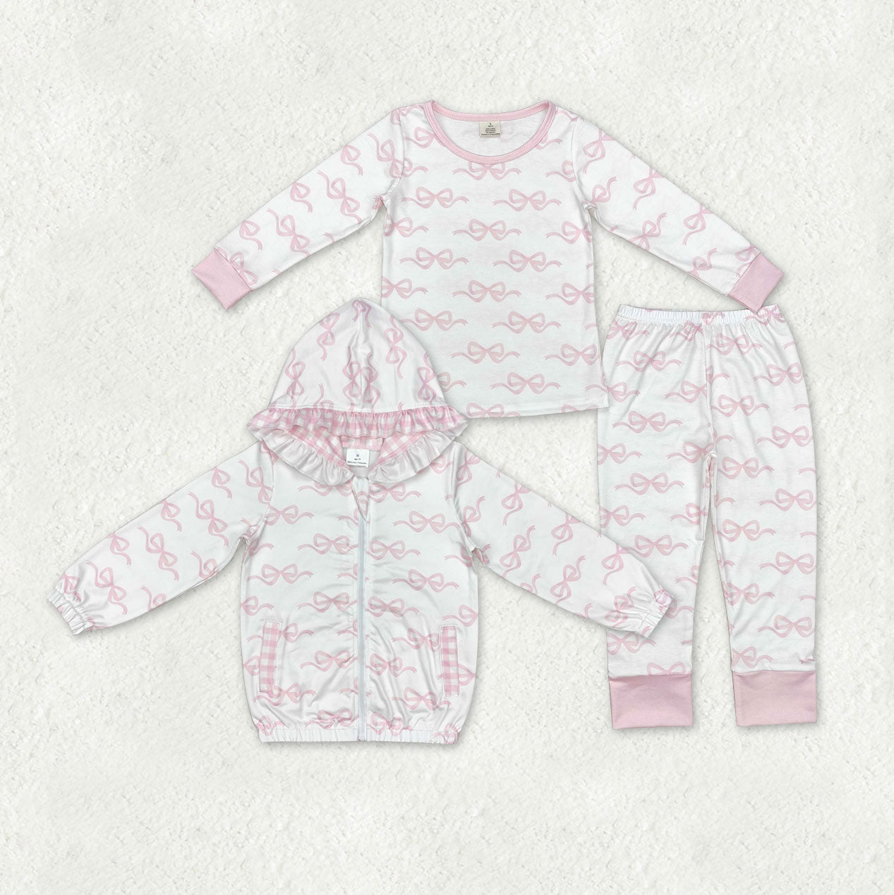 Sibling Baby Girls Pink Bows Plaid Bamboo Pajamas Set Pockets Zipper Hoodies Jacket