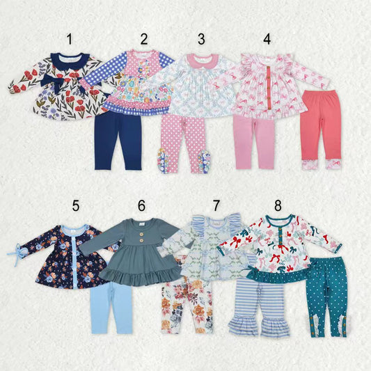 Sibling Baby Girls Bows Flowers Tunic Leggings Pant Long Ruffle Sleeves Clothes Sets