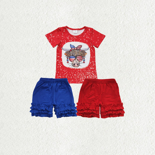 Sibling Baby Girls Western 4th Of July Cow Icing Shorts Clothes Sets