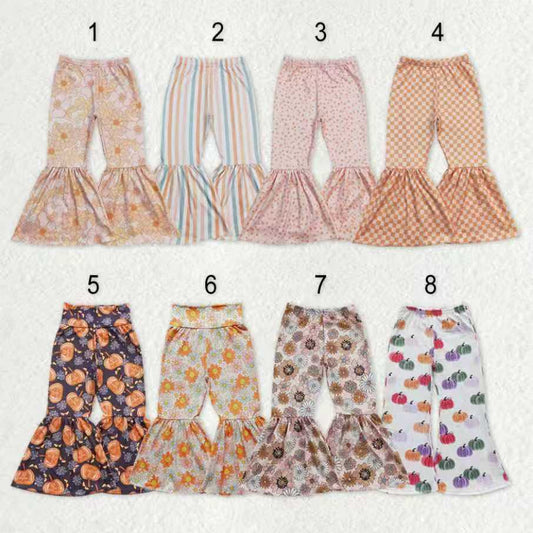Sibling Baby Girls Thanksgiving Fall Flowers Pumpkins Bell Bottom Pants