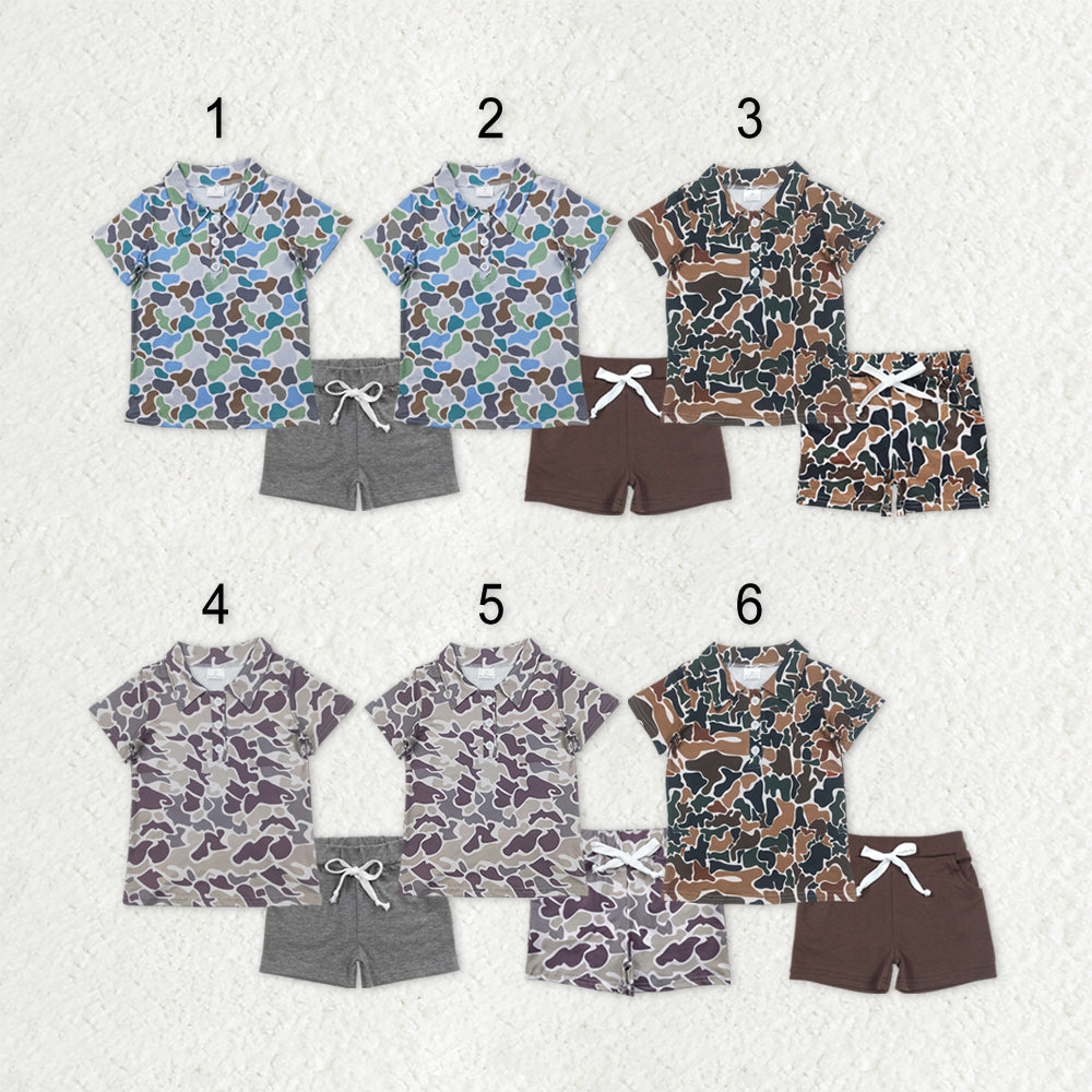 Sibling Baby Boys Camo Print Button Polo Shirts Pockets Short Western Set