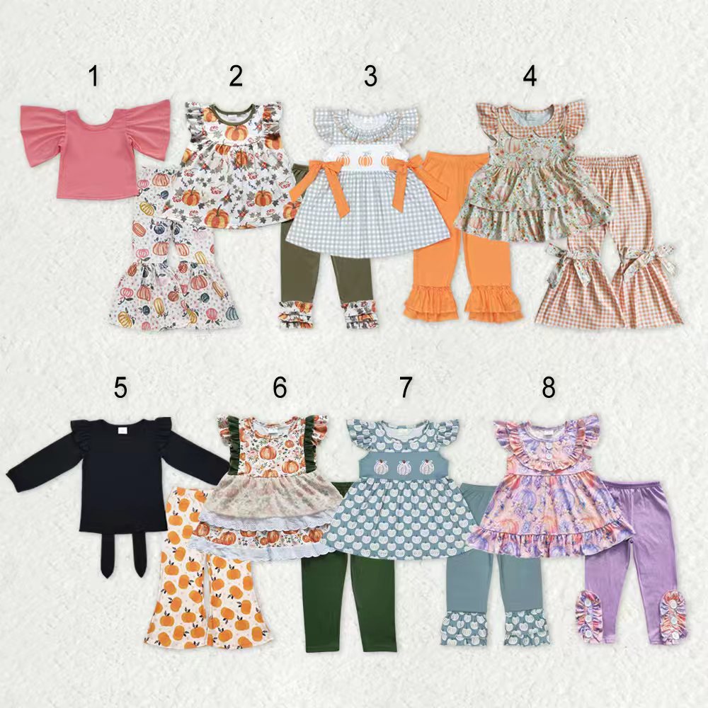 Sibling Baby Girls Bows Flowers Pumpkins Tunic Leggings Bell Bottom Pant Fall Clothes Set