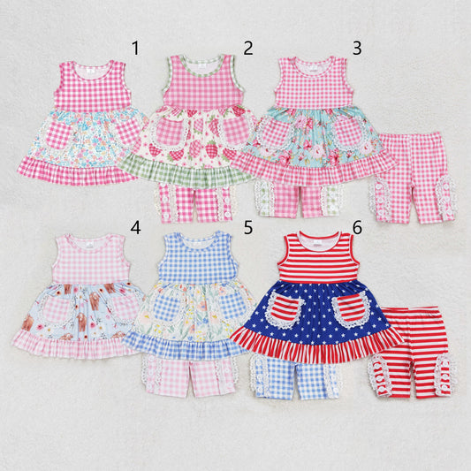 Sibling Baby Girls Checkered Floral Tunic Top Ruffle Middle Length Shorts Clothes Setsv