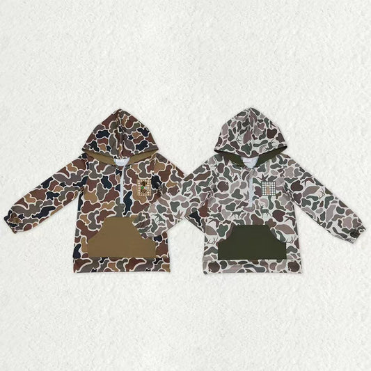 Sibling Baby Boys Embroidery Dog Deer Camo Print Pocket Zipper Hunting Hoodies Top
