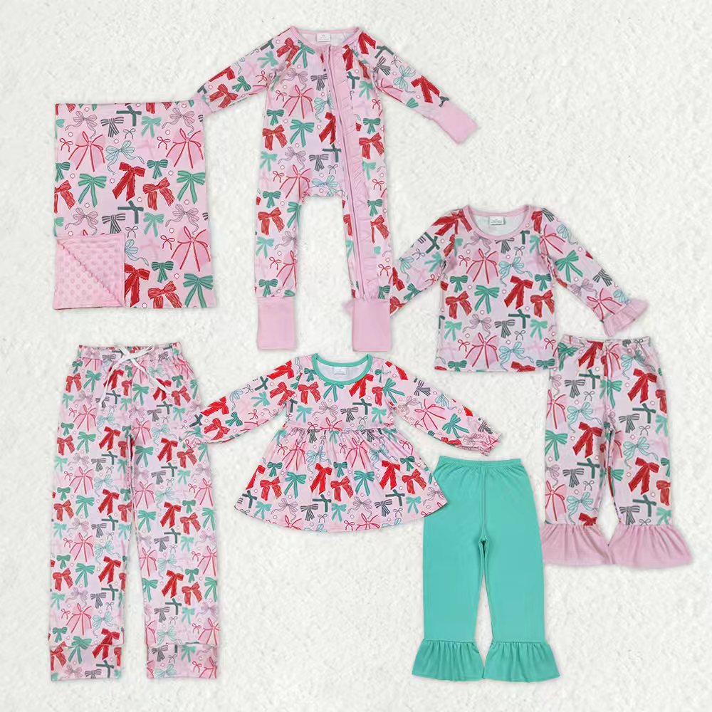 Family Sibling Colorful Bows Pajamas Clothes Sets Zipper Rompers Women Pants Blankets