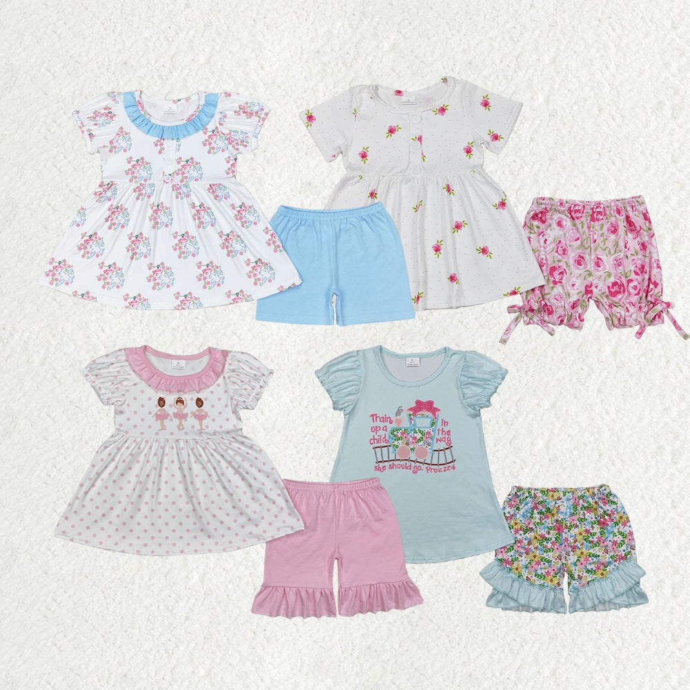 Sibling Baby Girls Short Sleeves Flowers Tunic Top Ruffle Shorts Clothes Sets