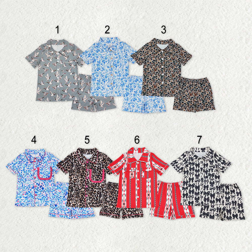 Sibling Adult Women Bows Leopard Pocket Buttons Tops Shorts Pajamas Sets