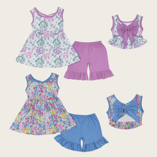 Sibling Baby Girls Sleeveless Dinosaurs Floral Tunic Ruffle Shorts Clothes Sets