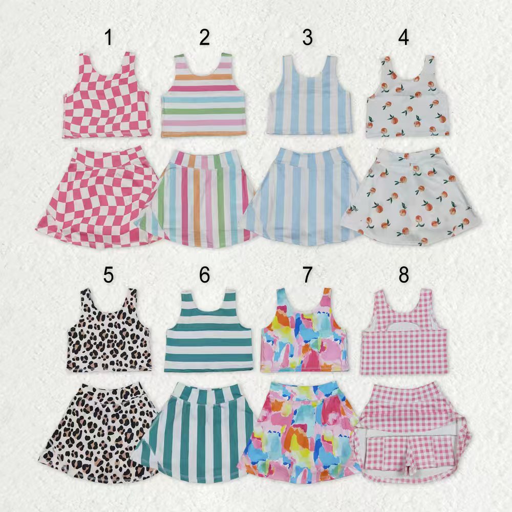 Sibling Baby Girls Sleeveless Stripe Checked Leopard Vest Top Yoga Athletic Skorts Sets