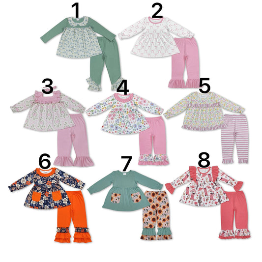 Sibling Baby Girls Long Sleeves Colorful Floral Bows Plaid Tunic Ruffle Pants Sets