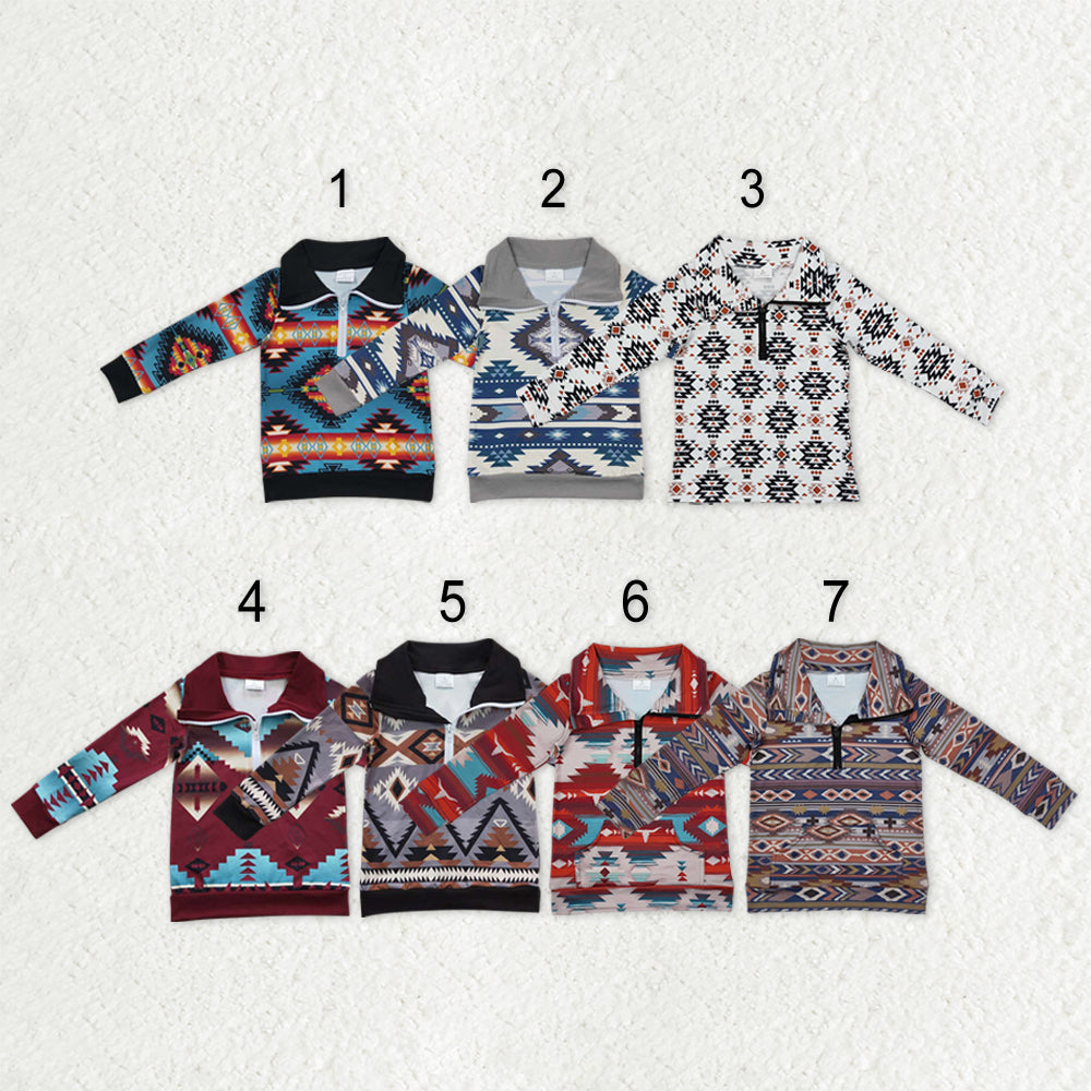 Sibling Baby Boys Western Aztec Long Sleeves Zipper Pullover Tops