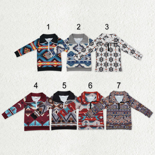 Sibling Baby Boys Western Aztec Long Sleeves Zipper Pullover Tops