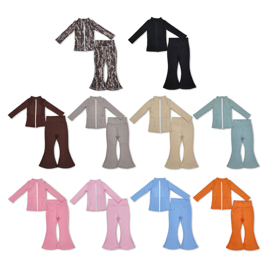 Sibling Baby Girls Long Sleeve Zipper Pockets Jackets Bell Bottom Pants Yoga Active Clothes Sets