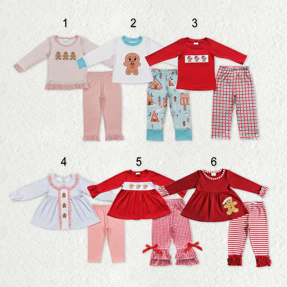 Sibling Baby Boys Girls Embroidery Hats Gingerbread Top Pants Christmas Clothes Sets