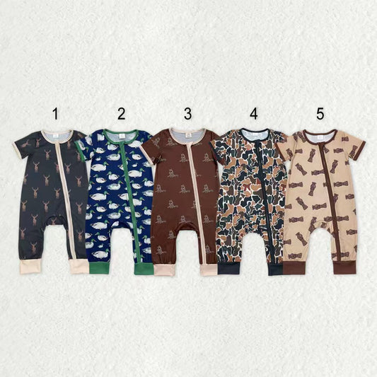 Sibling Baby Infant Boys Western Deer Camo Short Sleeves Bamboo Zipper Footie Rompers