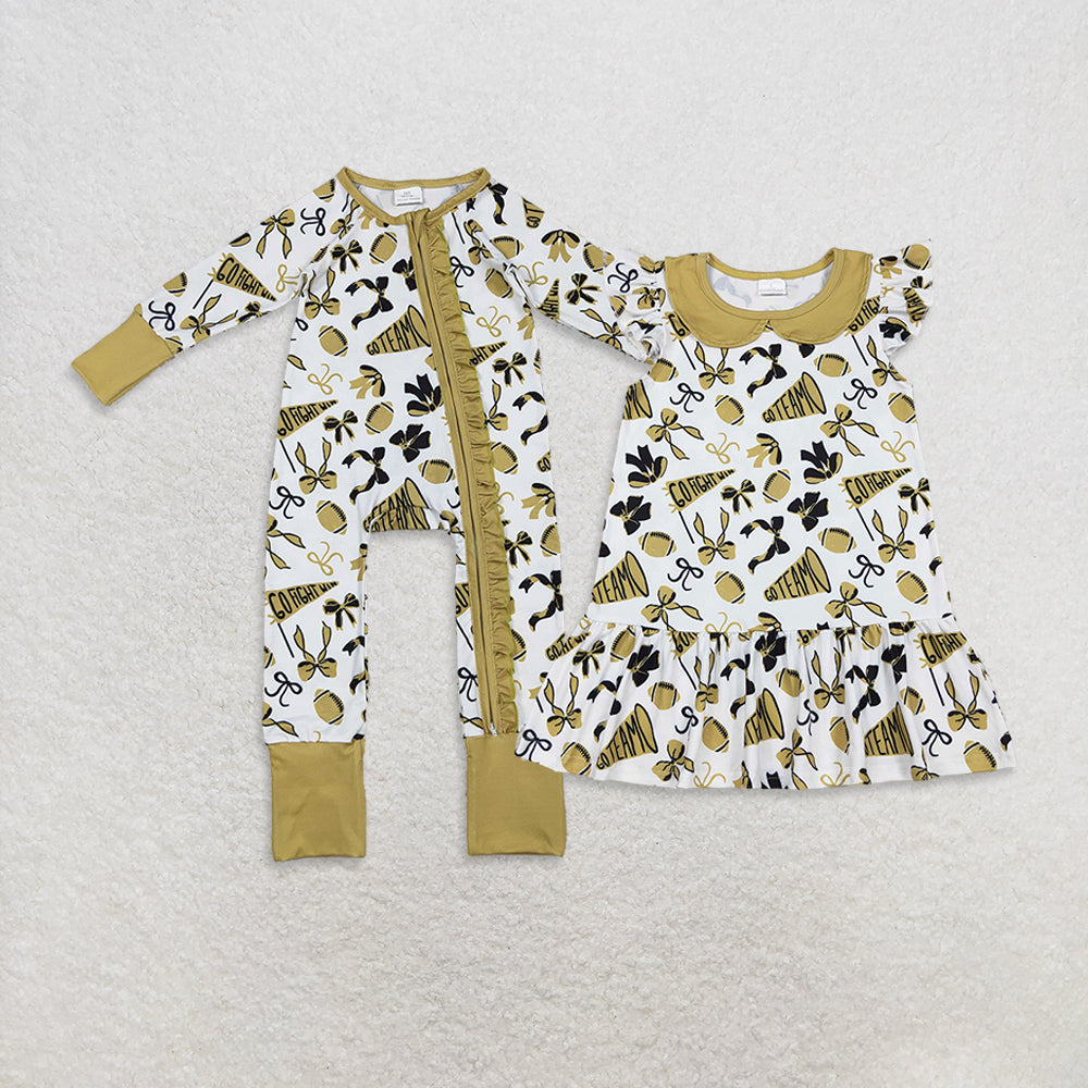 Sibling Baby Girls Gold Bows Footballs Go Team Ruffle Zipper Footie Romper Knee Length Dress