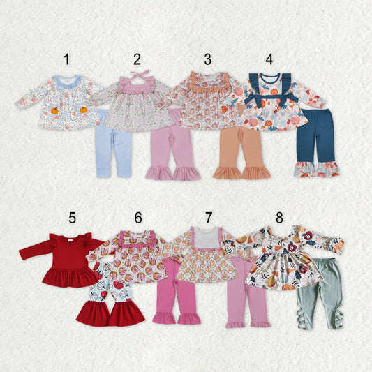 Sibling Baby Girls Long Ruffle Sleeves Flowers Pumpkins Tunic Pants Fall Clothes Sets