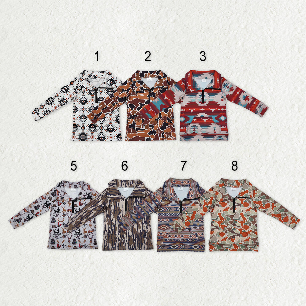 Sibling Baby Boys Long Sleeves Western Camo Aztec Pocket Half Zipper Pullovers Top