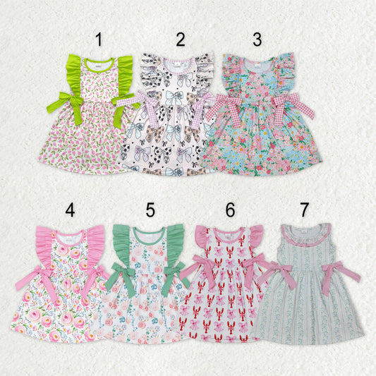 Sibling Baby Girls Sleeveless Flutter Sleeve Bows Flowers Plaid Knee Length Dresses