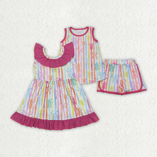 Sibling Baby Girls Sleeveless Colorful Stripe Bows Top Shorts Sets Knee Length Dresses