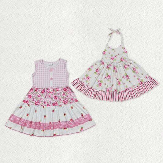 Sibling Baby Girls Pink Flowers Plaid Button Ruffle Knee Length Dresses