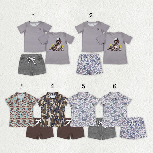Sibling Baby Boys Camo Dog Print Button Shirts Pockets Short Western Set