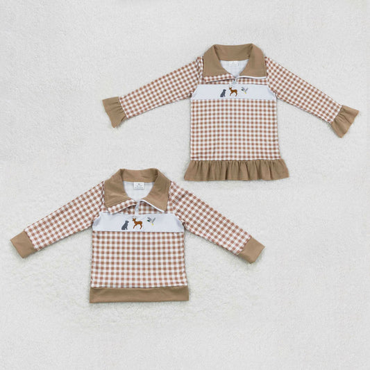 Sibling Baby Boys Girls Embroidery Dogs Deer Ducks Western Zipper Pullovers Tops