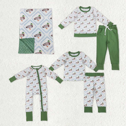 Sibling Boys Green Ducks Checked Pajamas Clothes Sets Zipper Rompers Blankets