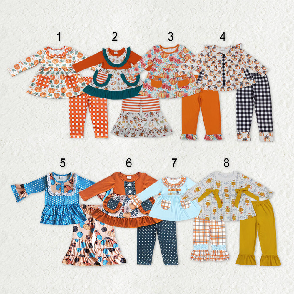 Sibling Baby Girls Flowers Pumpkins Button Pockets Tunic Ruffle Pants Fall Clothes Sets