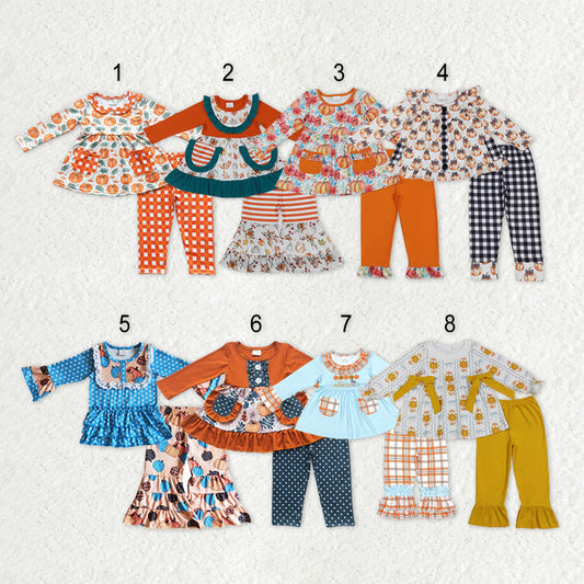 Sibling Baby Girls Flowers Pumpkins Button Pockets Tunic Ruffle Pants Fall Clothes Sets