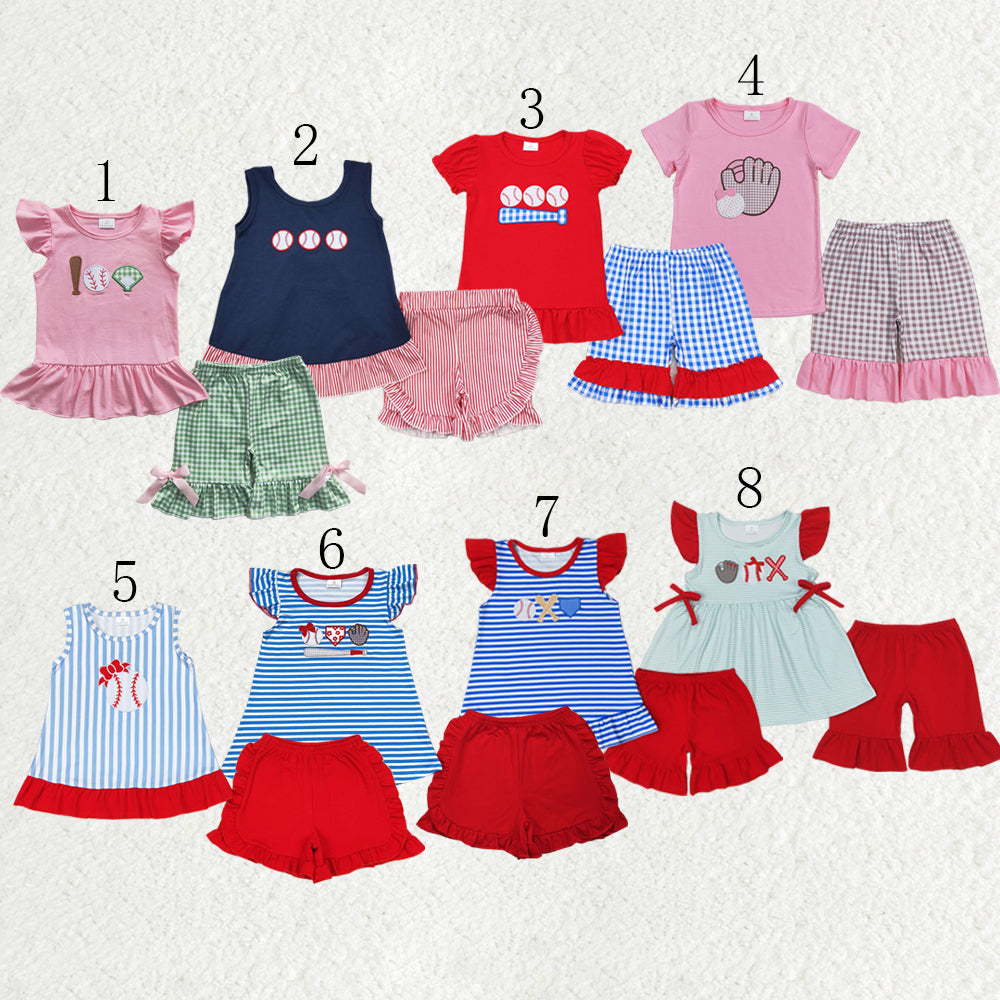 Sibling Baby Girls Embroidery Baseballs Summer Shorts Sets Clothes Sets
