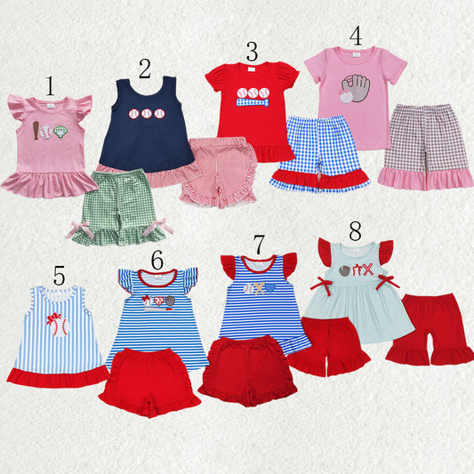 Sibling Baby Girls Embroidery Baseballs Summer Shorts Sets Clothes Sets
