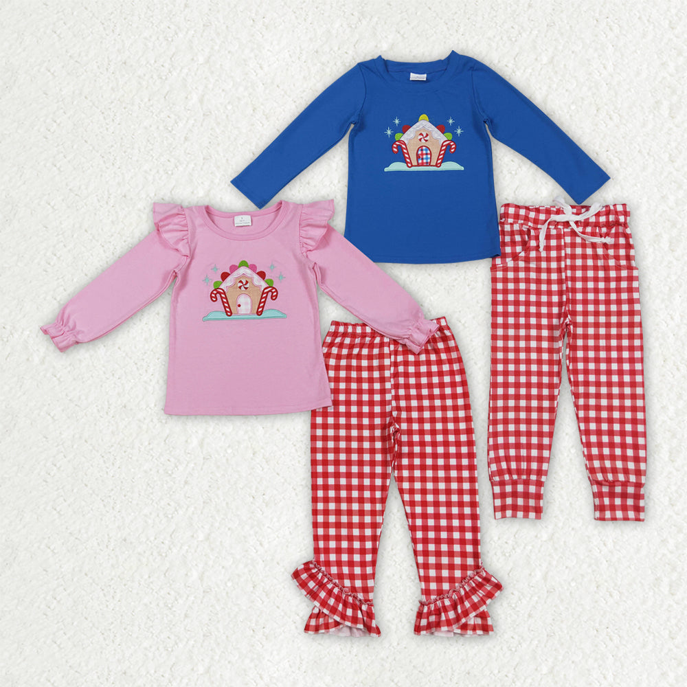 Sibling Embroidery House Candy Cane Baby Kids Long Sleeves Pants Christmas Clothes Sets