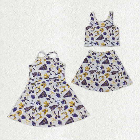 Sibling Baby Girls Purple Bows Footballs Team Shorts Yoga Clothes Set Knee Length Dresses