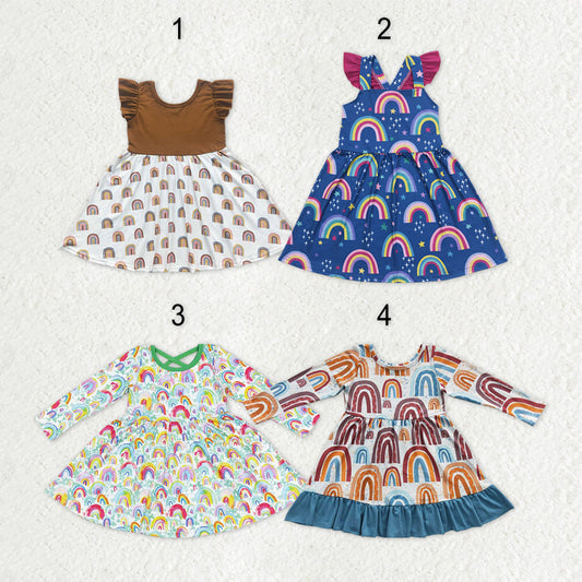 Sibling Baby Girls Colorful Rainbows Stars Plaid Knee Length Dresses