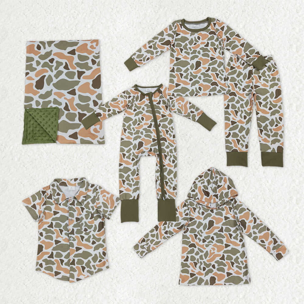 Sibling Baby Boys Green Orange Camo Southern Pajamas Button Shirts Hoodies Top